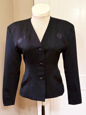 Elie Tahari Black Wool Silk Tuxedo Blazer V-Neck Collarless US 6 Made in USA